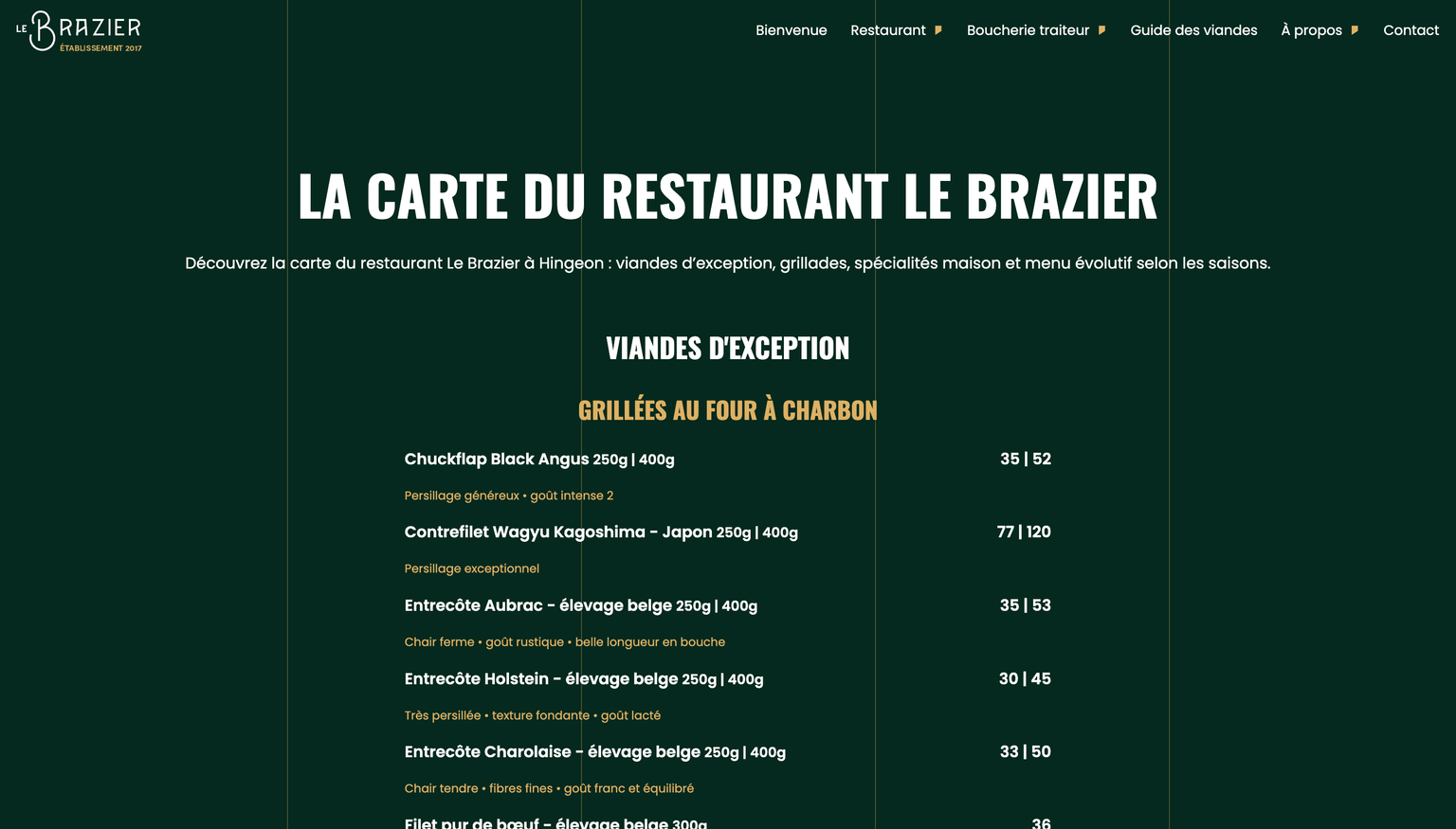 Carte du restaurant avec sections/sous-sections