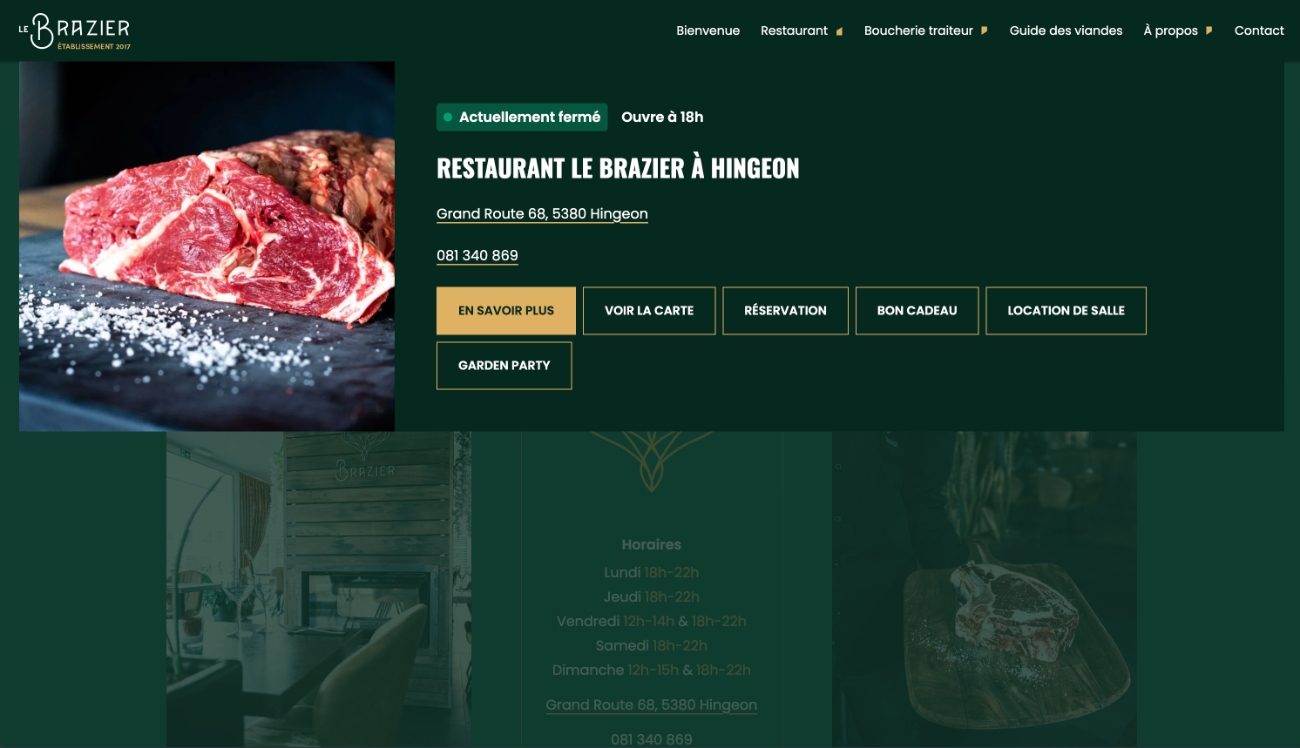 Page établissement avec statut ouvert/fermé