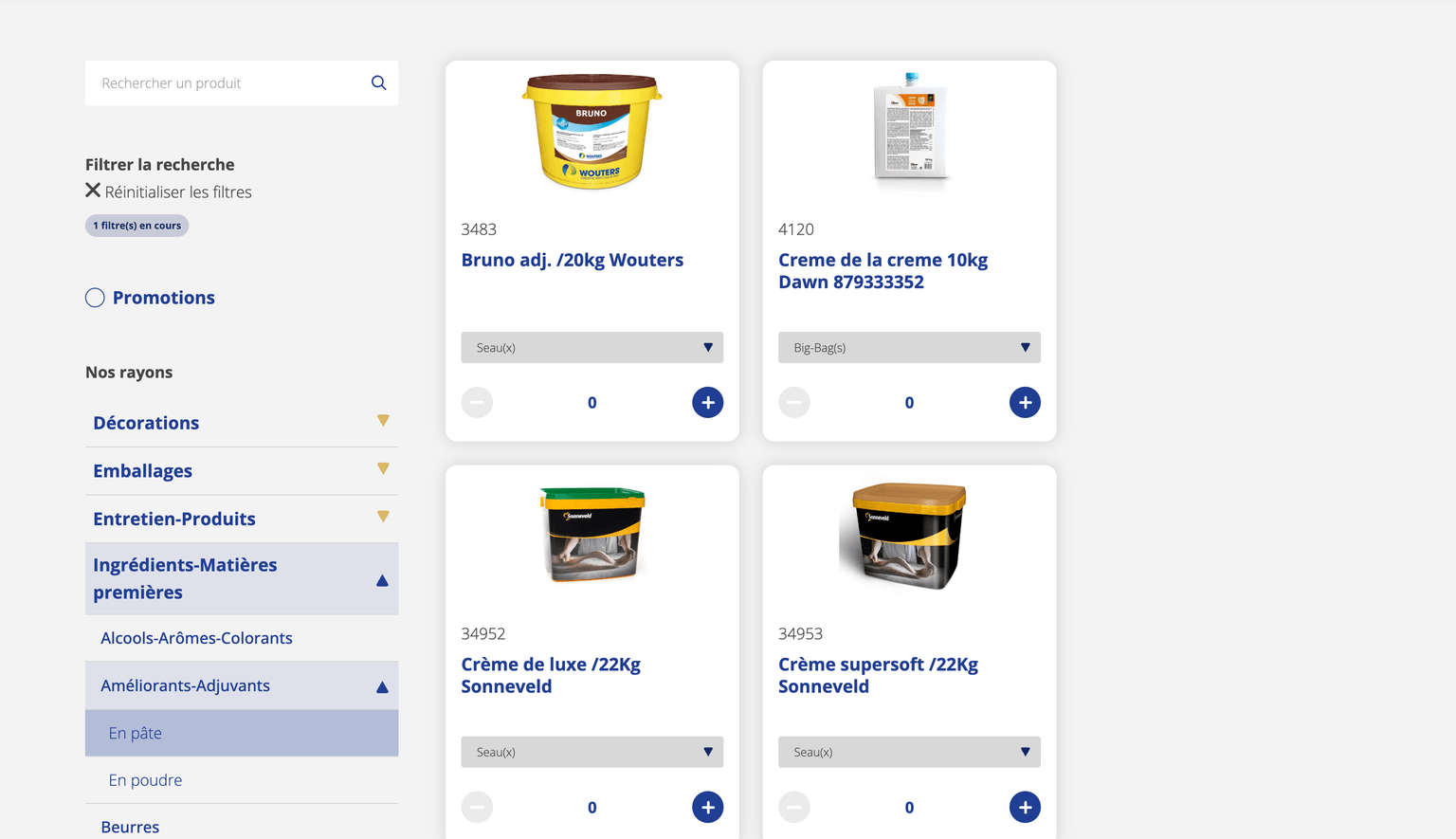 Page catalogue avec filtres ouverts