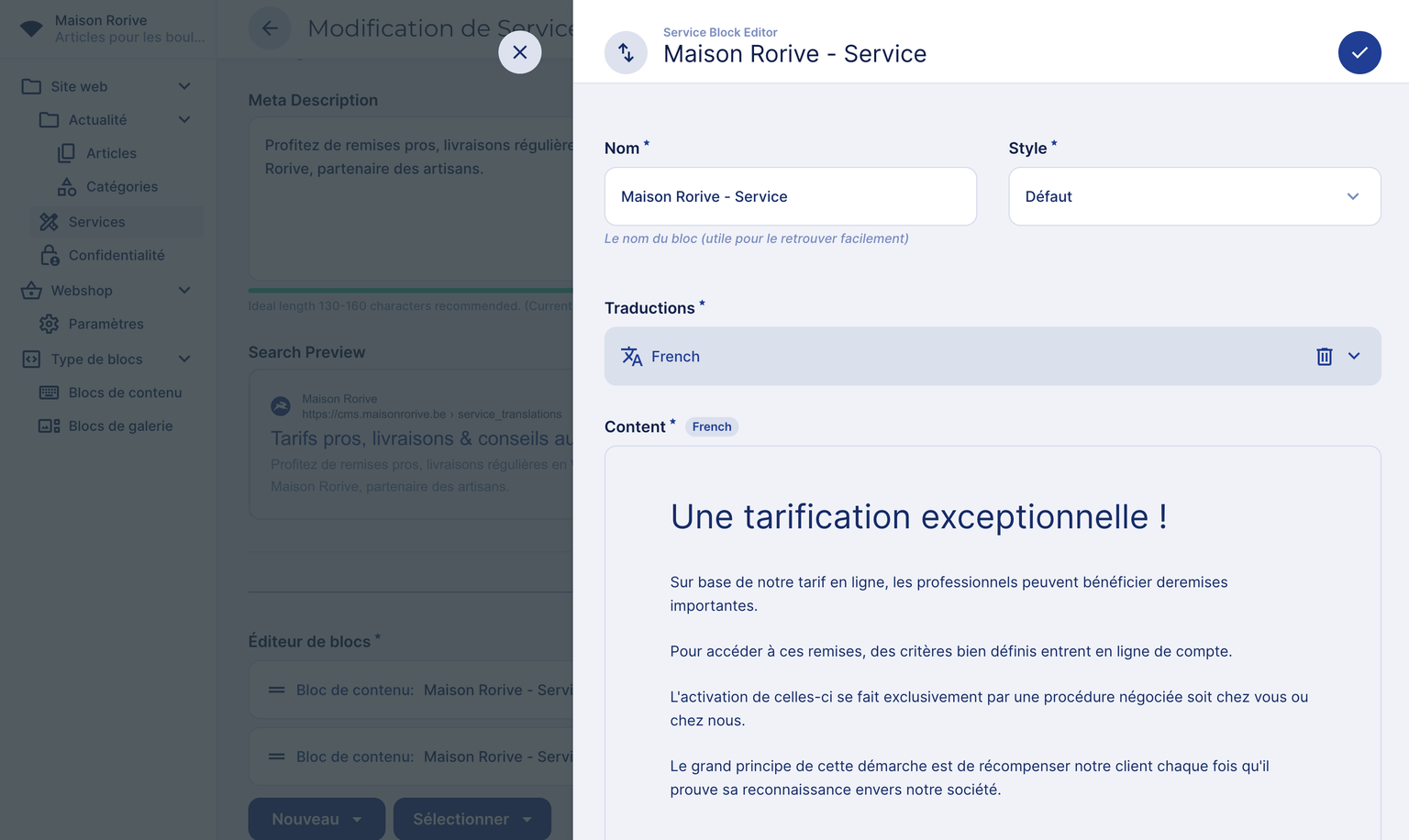 Backoffice Directus — édition d'un bloc de page Service