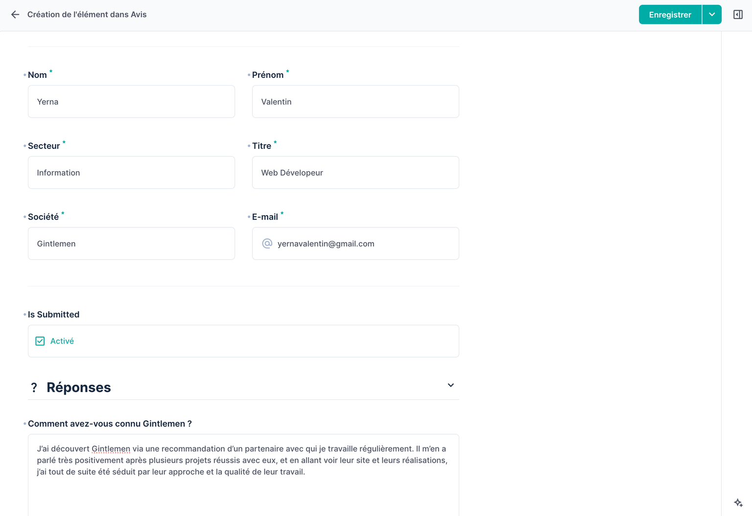 Fiche client dans le backoffice Directus