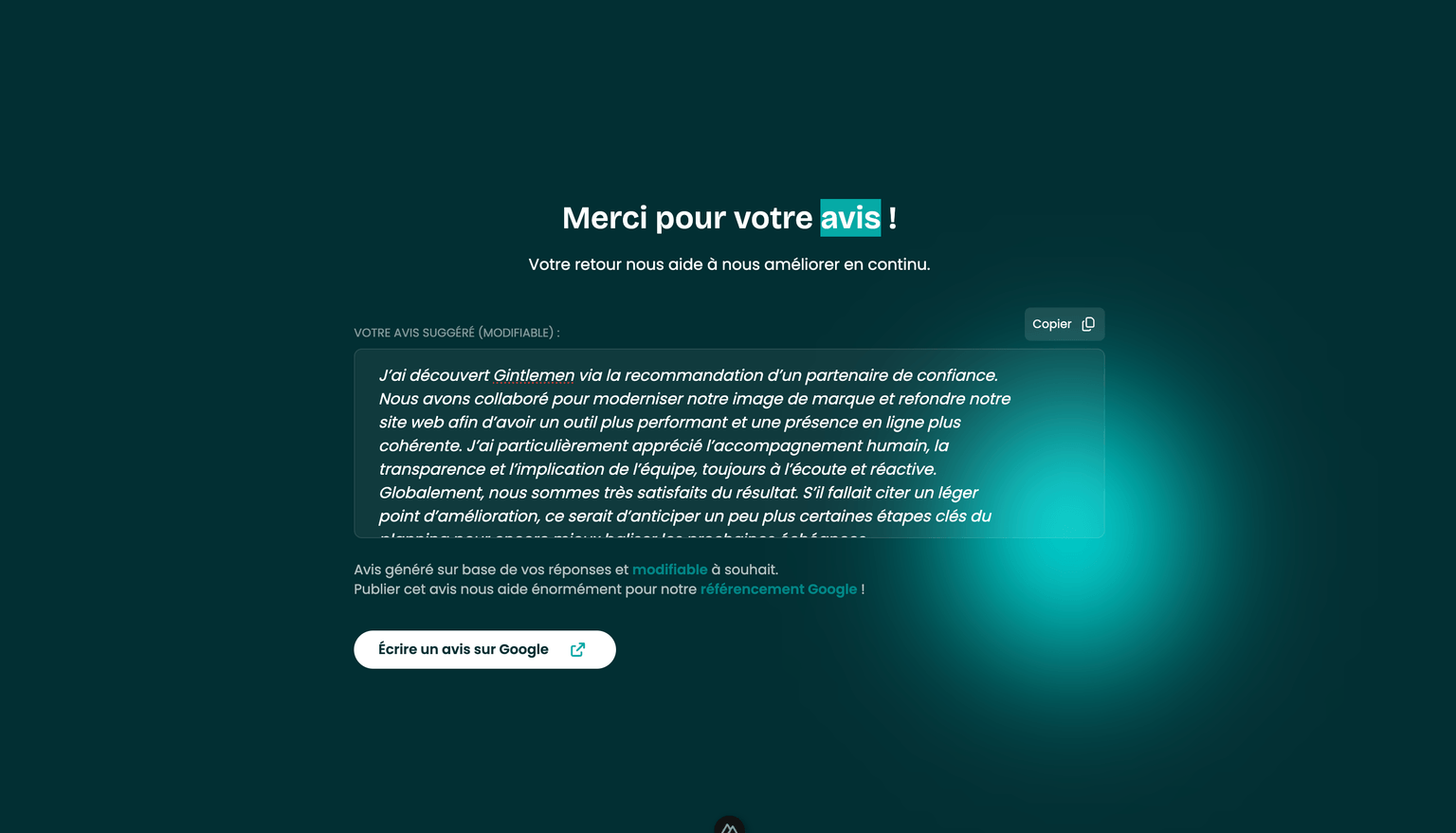 Écran final avec avis généré et bouton Google